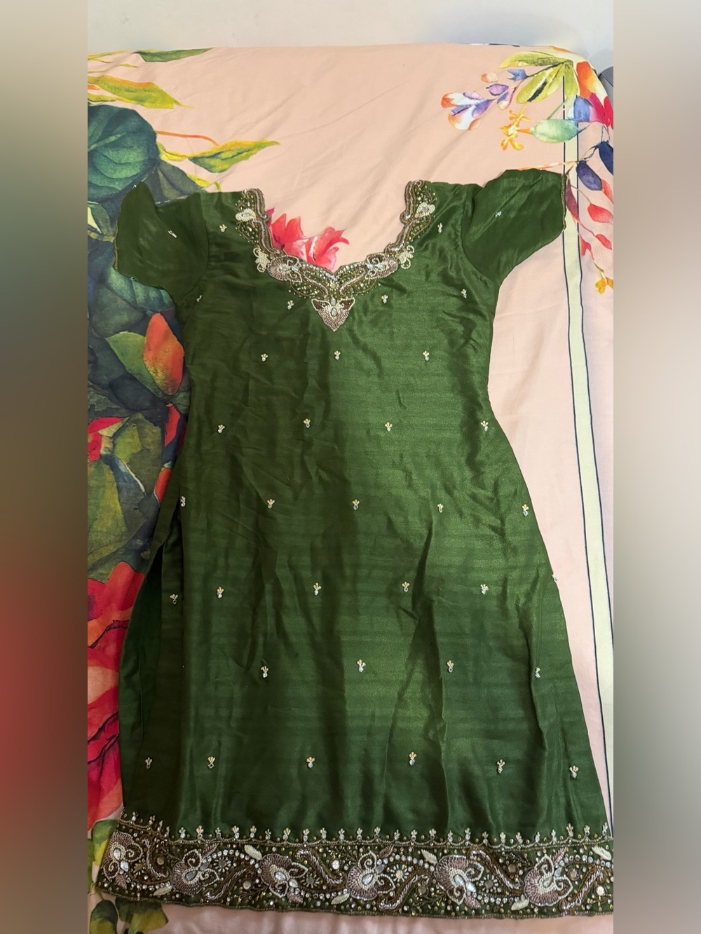 Embellished Green Women’s Punjabi Suit with Beaded Neckline